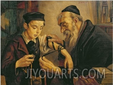 Rabbi Tying the Phylacteries to the Arm of a Boy