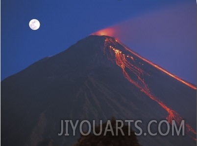 Siau Volcano Erupting with Moon Behind, N Sulawesi, Indonesia