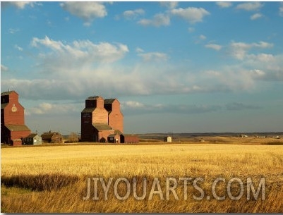 Grain Elevators Stand in a Prairie Ghost Town, Rowley, Alberta, Canada