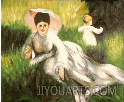 Woman with a Parasol and a Small Child on a Sunlit Hillside