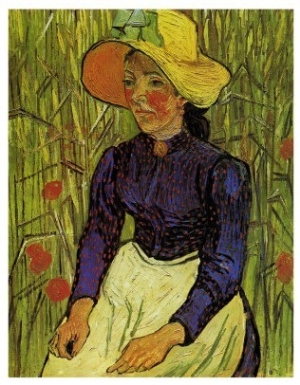 Young Peasant Woman with Straw Hat Sitting in the Wheat