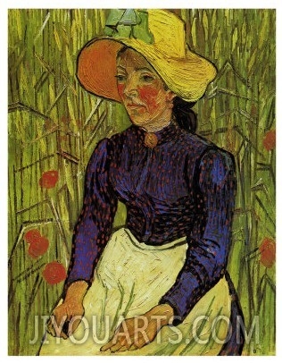 Young Peasant Woman with Straw Hat Sitting in the Wheat