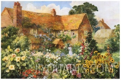 The Cottage in Summer,a beautifu girl  in garden