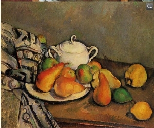 Sugar bowl, pears and table cloth