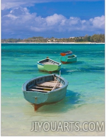 Small Fishing Boats in the Turquoise Sea, Mauritius, Indian Ocean, Africa