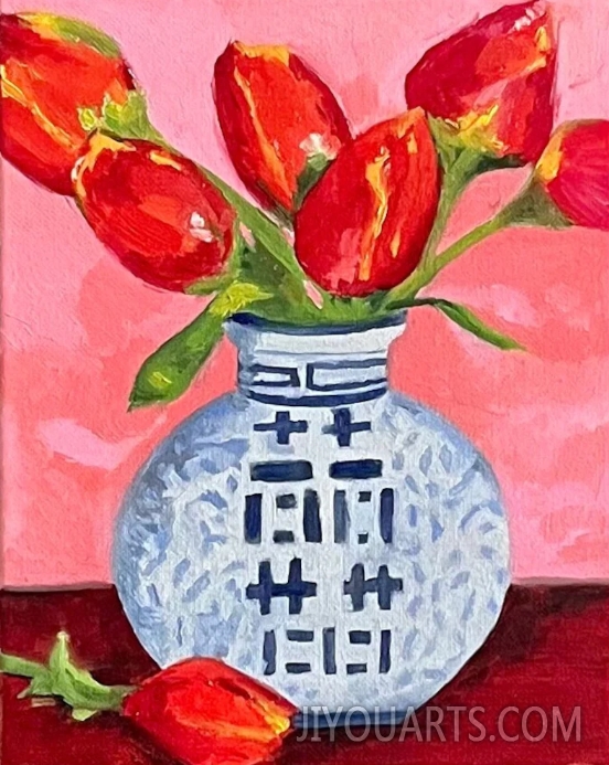 Red Tulips in Pottery Original Oil Painting of Still Life