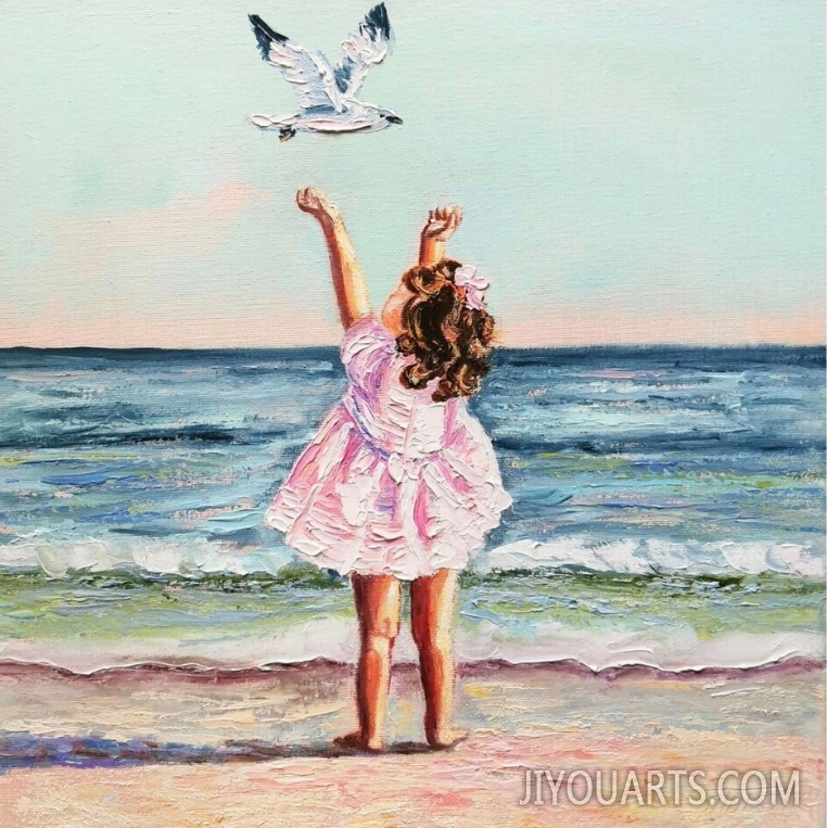 Little girl seaside painting Poster Child beach Wall Art