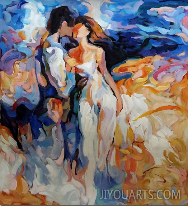 Hand Painted Impressionist Kissing Romance Oil Painting On Canvas   Contemporary Portrait Fine Art