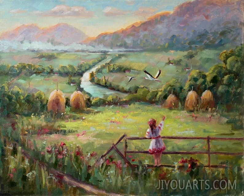 Ukrainian Landscape With Mountains and Storks   Custom Order oil Painting   Ethnic Ukrainian Art for Gift