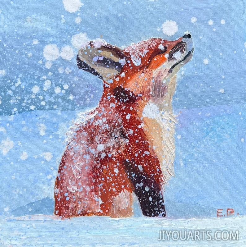 ORIGINAL Custom Red Fox oil painting ,snow winter, Christamas wall art, Realistic animal drawing, nursery wall decor