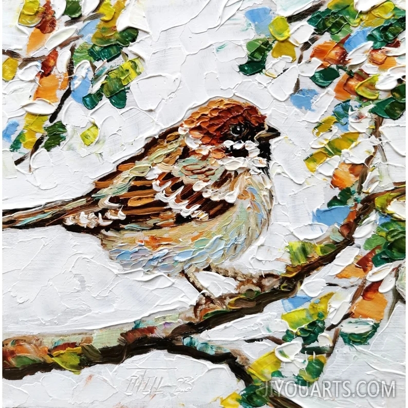 Sparrow Bird Painting Original Art Animal Wall Art American Bird Impasto Oil Painting Small Artwork