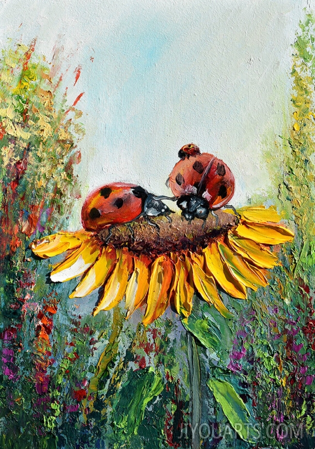 Lady bug art, Sunflower Artwork, Ladybird Decor, Lady Beetle Theme, Wildflowers Wall Art