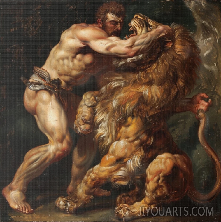 Hercules and the Lion, Epic Ancient Greek Myth Oil Painting Canvas Wall Art