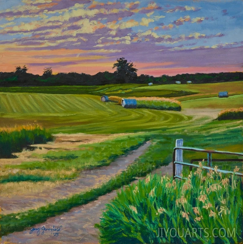 Iowa Sunset, Original Oil painting on Stretched Canvas, home decor, Hay stacks