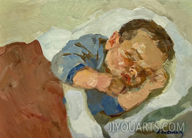 Antique original oil painting， Sleeping baby portrait