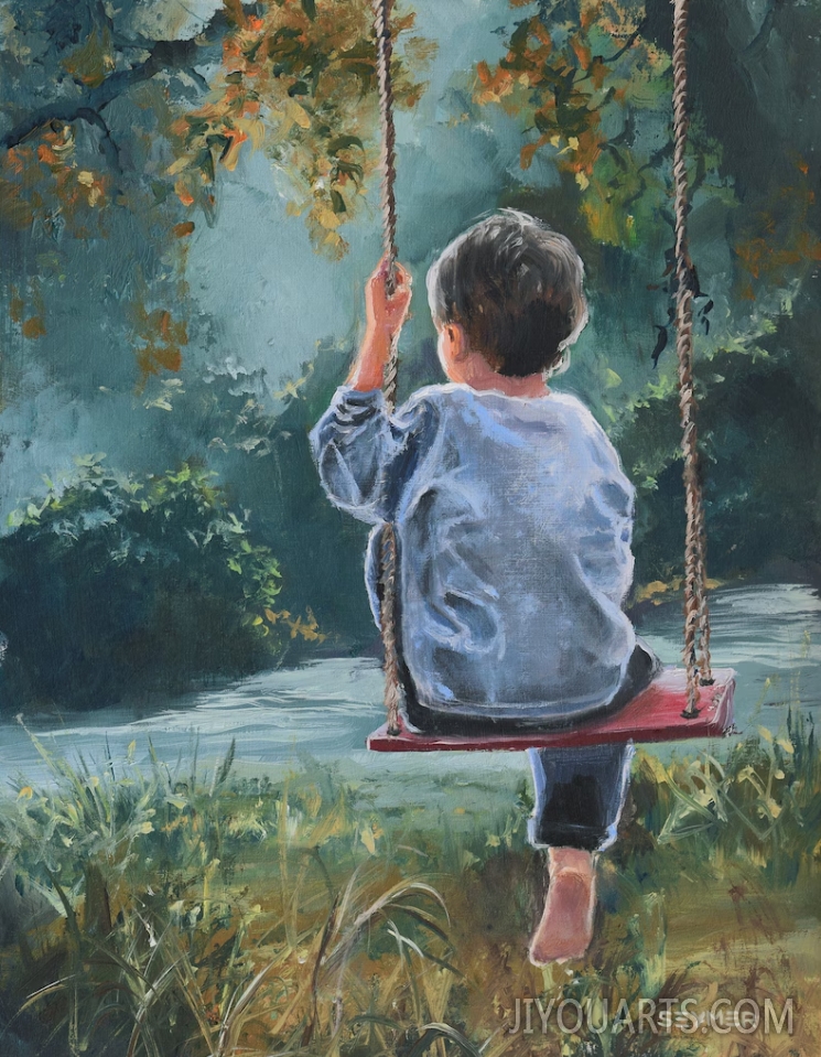 Swing painting with little boy, Small oil artwork original, Children wall art painting, Lake scene art