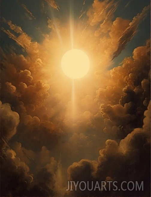 Sun and Clouds，Vintage Celestial Oil Painting, Cloud Sun Sky Art Print