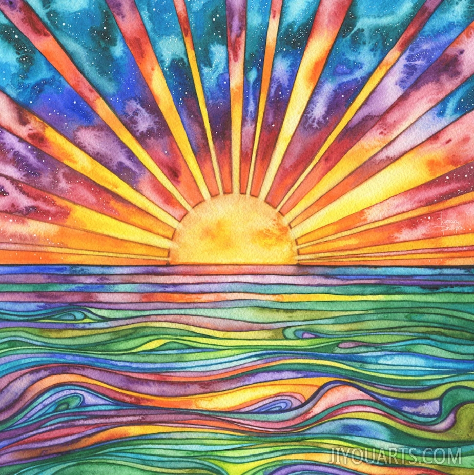 Sun Water， watercolour print of original painting, sunset sunrise sunlight ocean sea solar sunshine coast