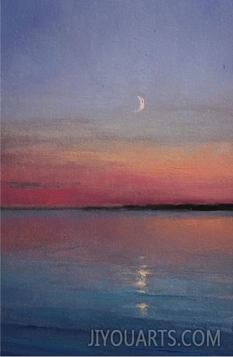 Crescent Moon Oil Painting Original, Sunset Lake Landscape Wall Art