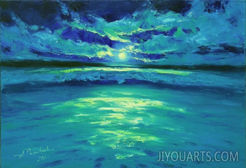 Moon and clouds Ocean oil painting Seascape painting Original artwork Moonlight path Moon lovers Oil painting