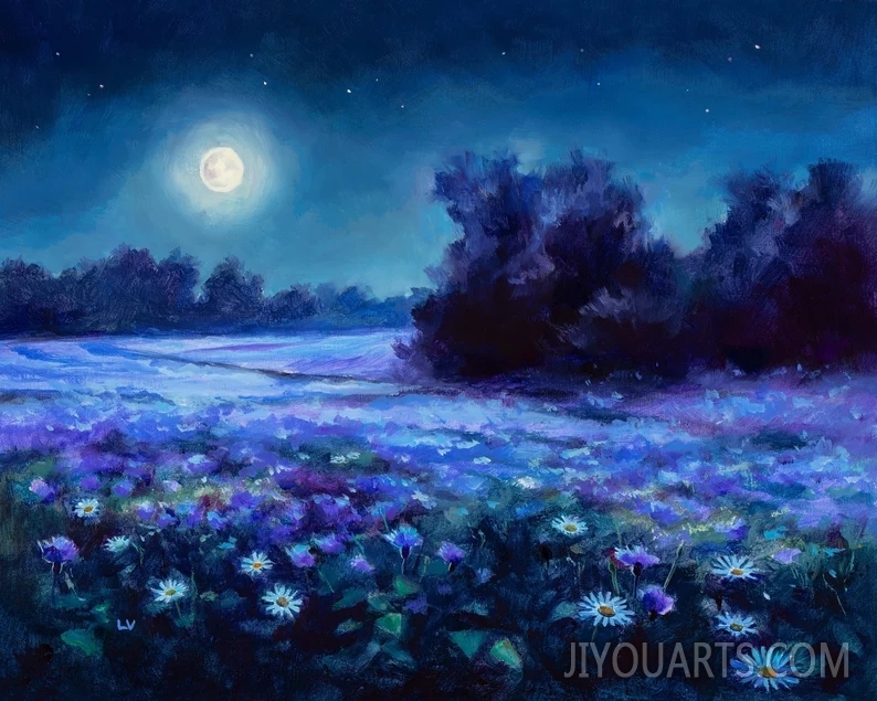 Nocturne landscape oil painting, Night flower field ORIGINAL artwork, Night sky with stars wall art Twilight moon