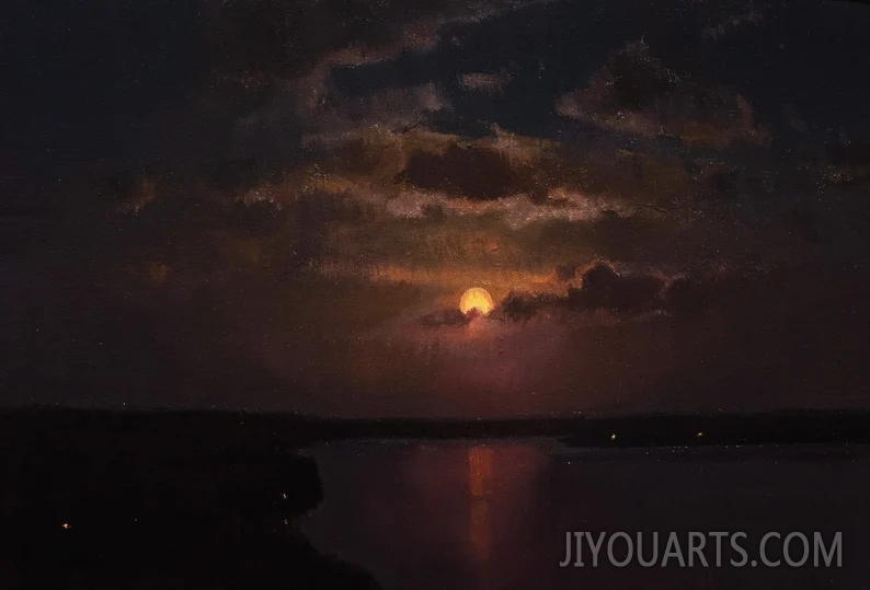 Oil Painting Landscape of Midnight Moon