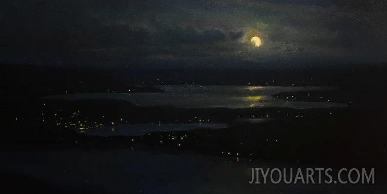 Original Oil Painting of Moon above City lights Nocturne