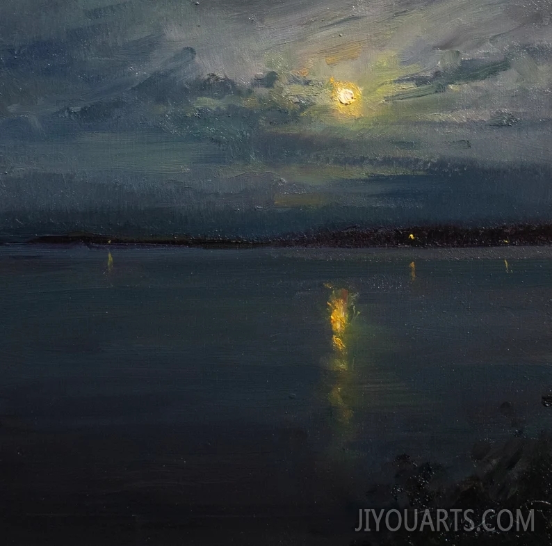 Original Oil Painting of Moon and Water