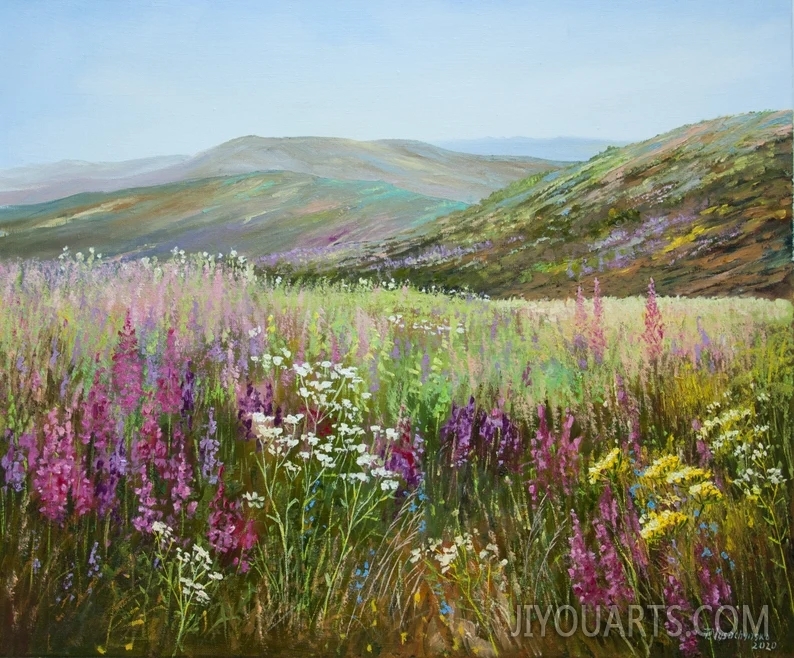 Flower Valley Oil Painting Original Art Scotland Landscape Floral Field Blooming Meadows Wild Flowers Nature Artwork