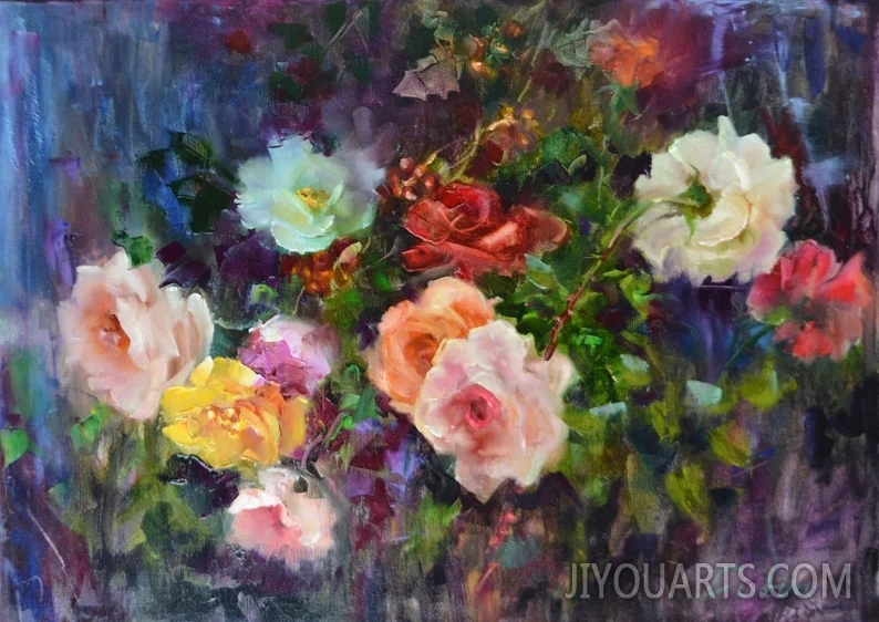 Roses painting original oil canvas flowers bush colorful bright texture wall decor vintage style