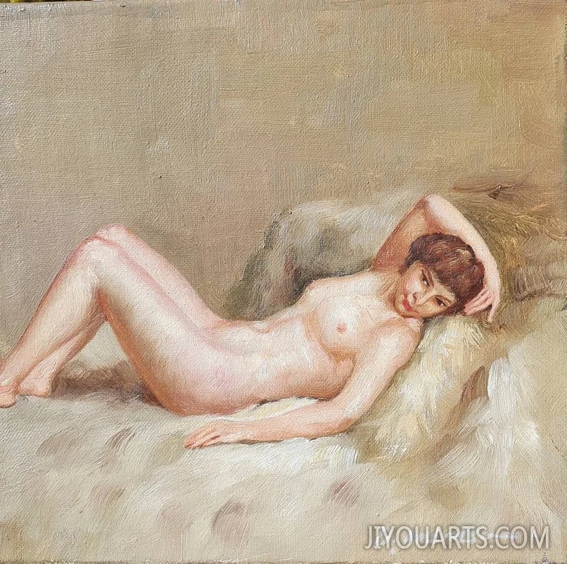 Antique French Reclining Nude Oil on Canvas, Huile sur Toile, Artist signed Nude Painting