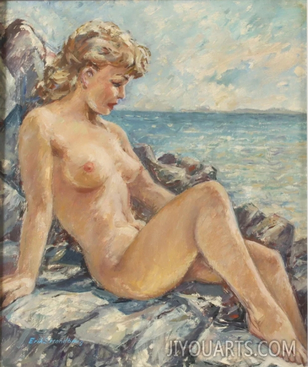 Nude Oil Painting，Nude Woman Lying on Rocks by the Water