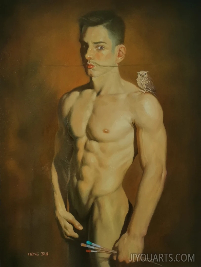 Original artwork oil painting male nude on linen,fine classic naked man art,human body