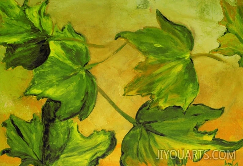 Botanical Painting, Leaves Oil Painting on Canvas, Nature Painting, Living Room Painting, Yellow & Green Leaf Wall Art