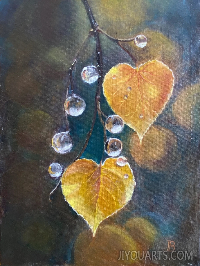 linden Leaves Oil Painting Original Handmade on Canvas Still Life Autumn Blues Warm Colors Spied of from Nature