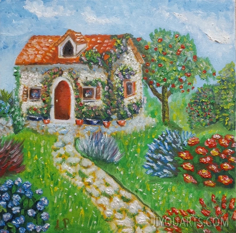 Wall painting house in flowers, allotment garden, Oil painting on stretched canvas