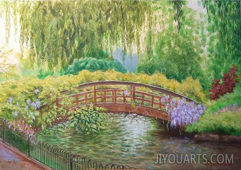 Bridge Painting Bridge Original Art Willow Canvas Art Romantic Bridge Art River Wall Art Wisteria Artwork