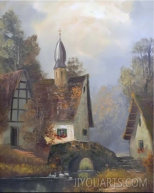 Landscape Oil Painting Signed Bölke Charming European Homestead With Bridge