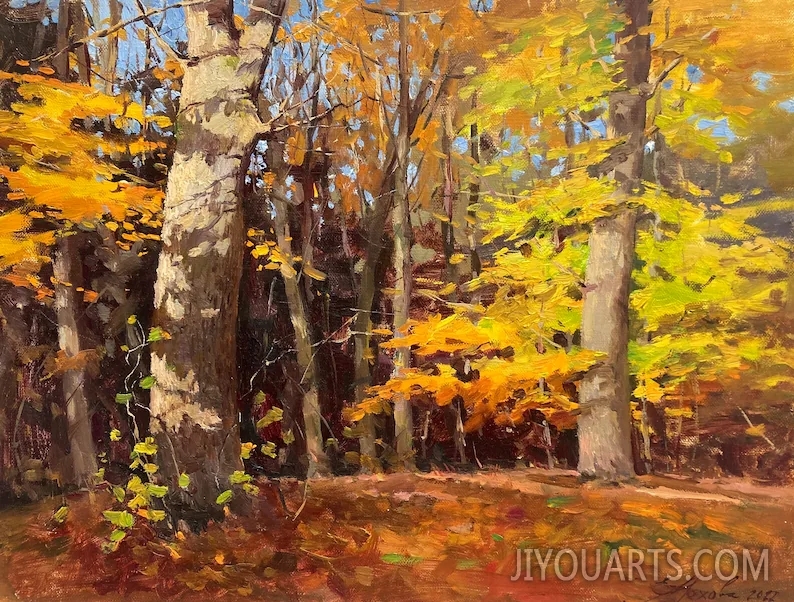 Oil Painting Original Autumn Forest Landscape Yellow Trees Handmade Picture Unique Present Fine Art Signed Wall Decoration Hangings