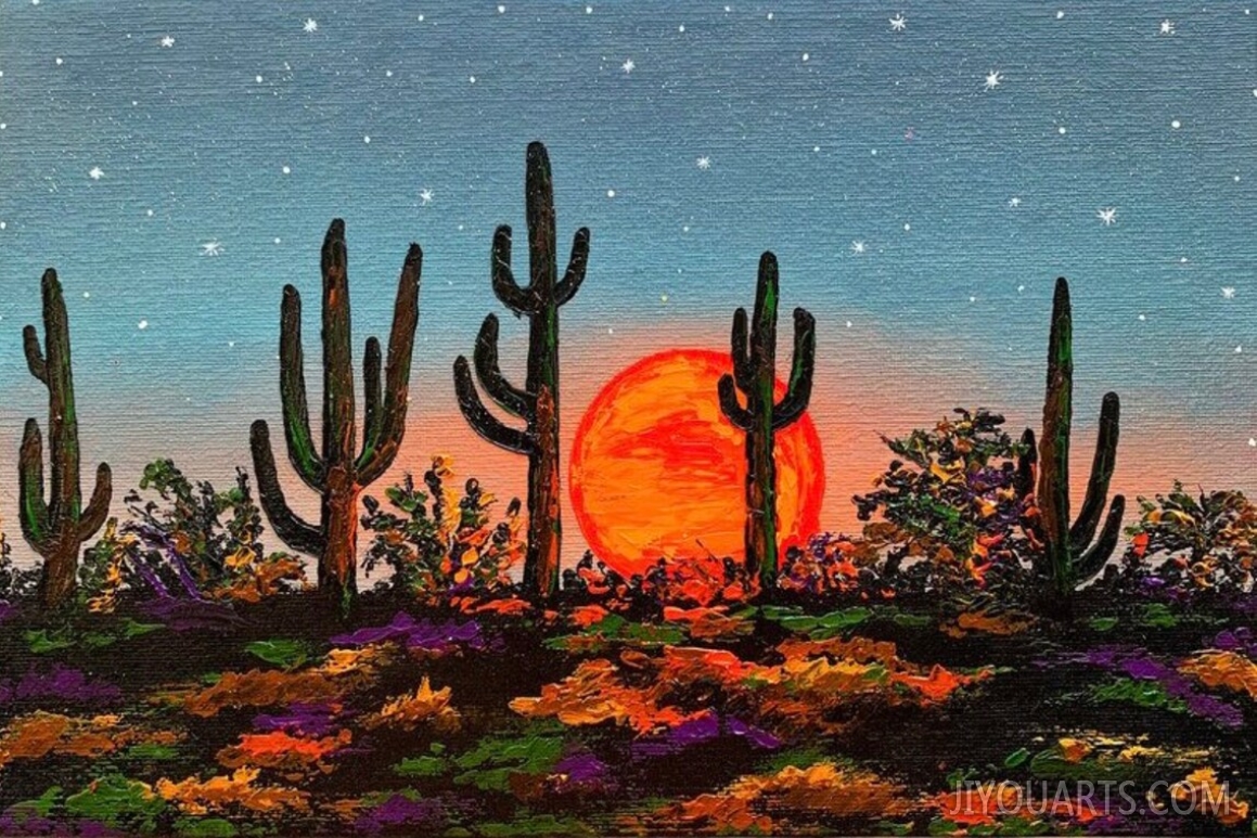 Unique Arizona Desert Oil Painting Original Saguaro Cactus Art Night in Arizona Canvas Artwork Tonto National Forest Art Sonoran Painting