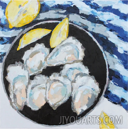 oyster painting, seafood oil painting, oysters and lemons, food painting, kitchen art, lemon kitchen decor, food lover