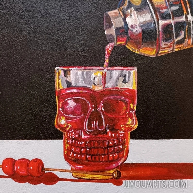 Cocktail Painting, Skull Shaped Glass Painting, Original Still Life Painting, Kitchen Art