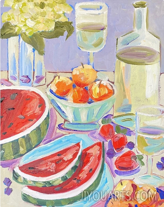 Original oil painting on canvas panel, Food and drinks art, Still life painting, Watermelon and apricot