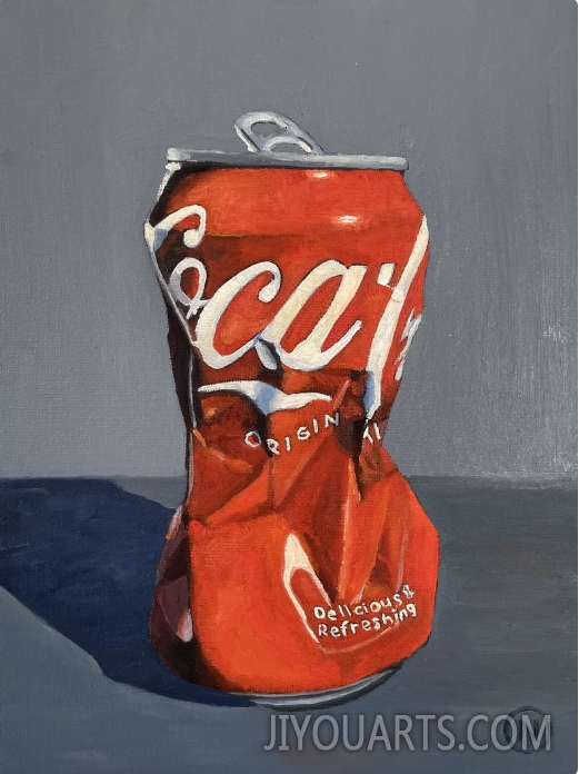 Original Oil Painting， Crushed Coca Cola Can