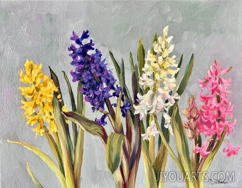 oil on canvas painting ，Hyacinths，Fine art， spring flowers, botanical oil painting