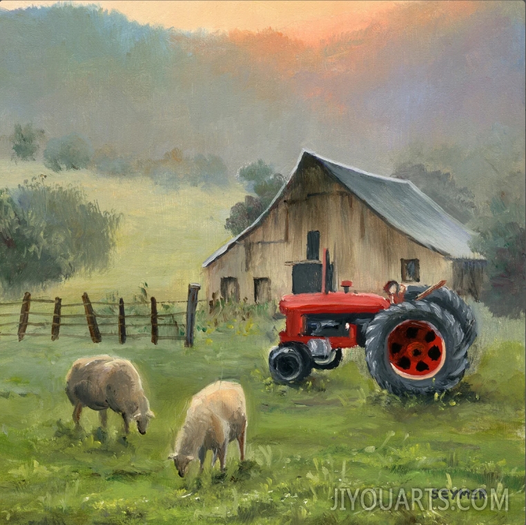 Farm painting country house original, Barn landscape art, Rural life artwork art, Farmhouse wall art decor Framed painting Country folk